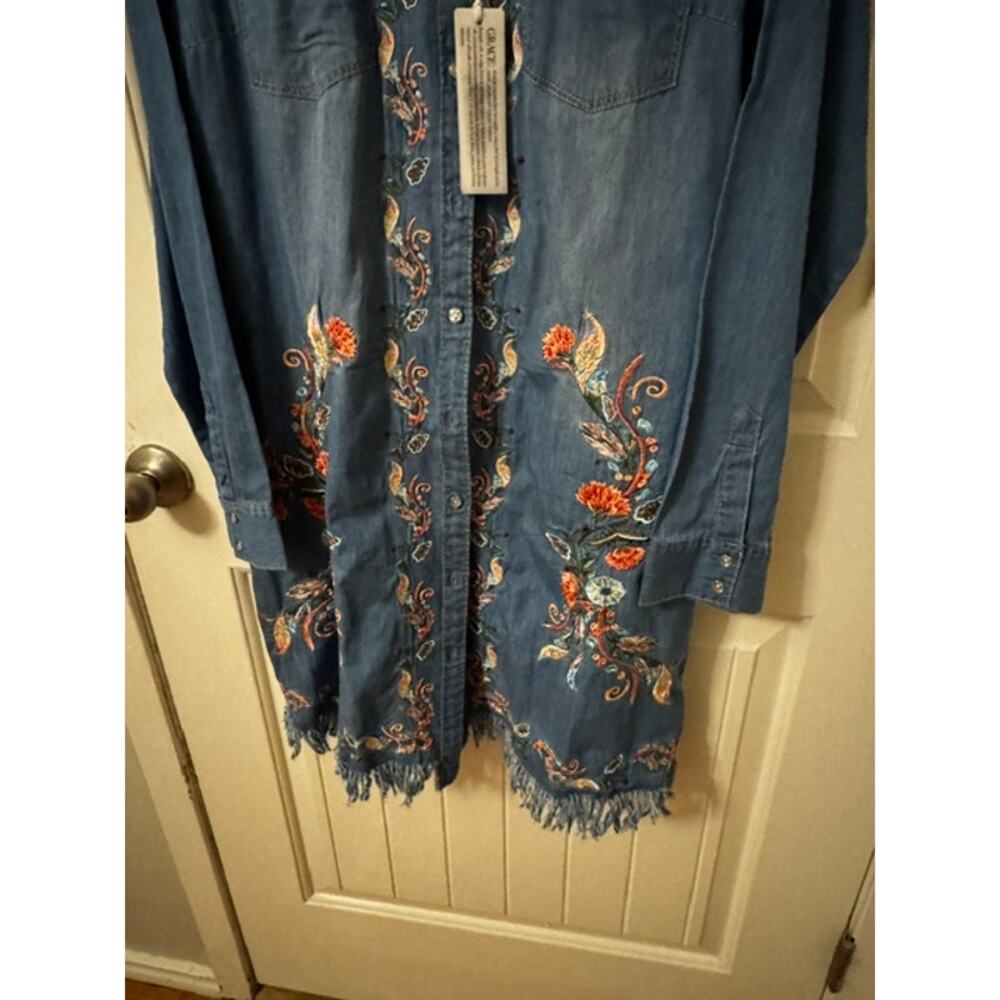 Grace in LA Light Blue Embroidered Denim Long Sleeve Shirt Dress M - Picture 10 of 11